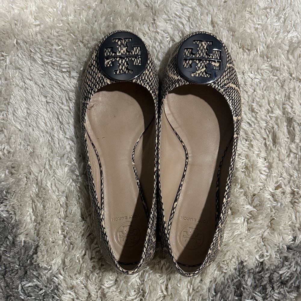 Tory Burch Snake-Embossed Reva Flats with Black Logo